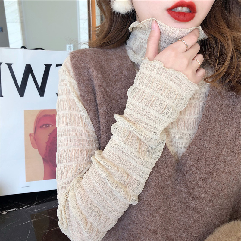 大码胖MM高领蕾丝打底衫女网纱内搭春秋2025新款叠穿小衫长袖上衣