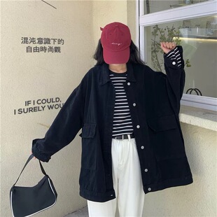 复古黑色长袖工装牛仔外套女秋冬季新款大码胖MM宽松BF风百搭上衣