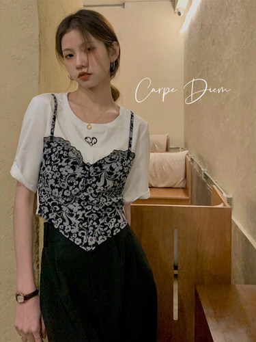 印花假两件T恤女夏季复古大码胖mm显瘦丝巾拼接辣妹短袖别致上衣