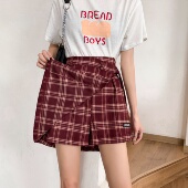 裙女夏 不规则a字半身裙高腰显瘦宽松复古阔腿裤 大码 胖mm格子短裤