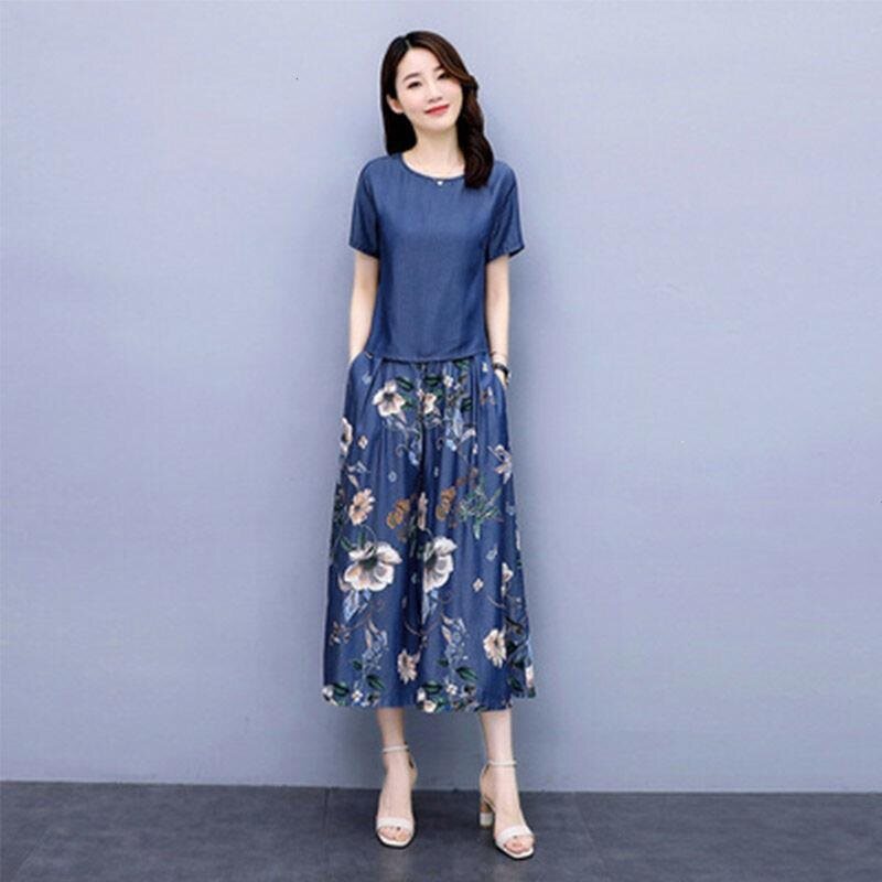 欧洲站时髦天丝牛仔阔腿裤裙套装女式夏天复古印花休闲洋气两件套