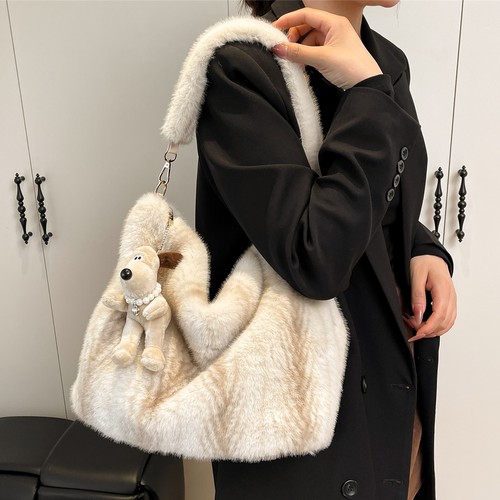 大容量条纹毛绒托特包大包