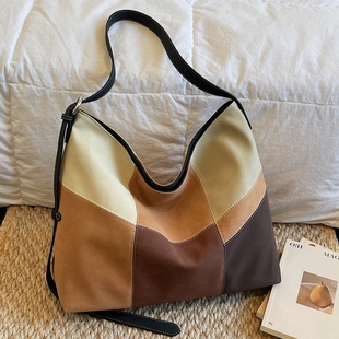 拼色大容量慵懒风托特包斜挎大包2026新款小众百搭上班通勤包女款