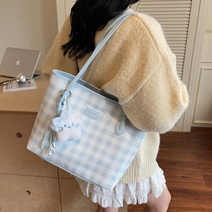 甜美可爱蓝色格子大容量女生上课通勤包大包2025新款潮百搭托特包