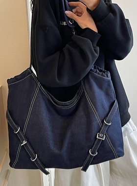 简约大容量慵懒风上班通勤包大包蓝色托特包2025新款潮百搭单肩包