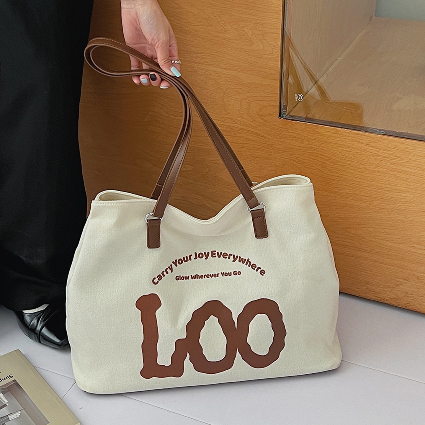 韩系字母印花托特包女容量帆布包休闲通勤包百搭单肩包2026新款,箱包皮具/热销女包/男包,托特包,淘宝优惠券,粉丝福利购,淘宝优惠卷