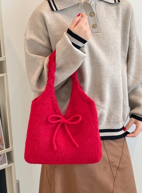 洋气红色针织蝴蝶结手拎腋下包2025新款潮百搭纯色小众小拎包女款