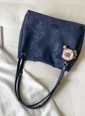 蓝色简约大容量外出大包托特包2025新款潮百搭通勤包单肩斜挎包