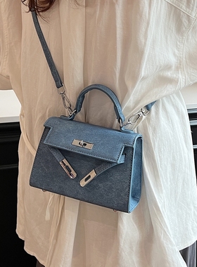 高级感蓝色手提凯莉包小包包2024新款潮时尚百搭休闲质感斜挎包