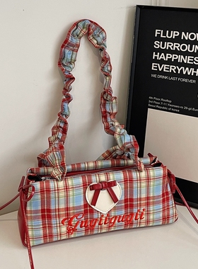 洋气甜美红色格子褶皱肩带腋下包2025新款潮百搭女生小包包单肩包