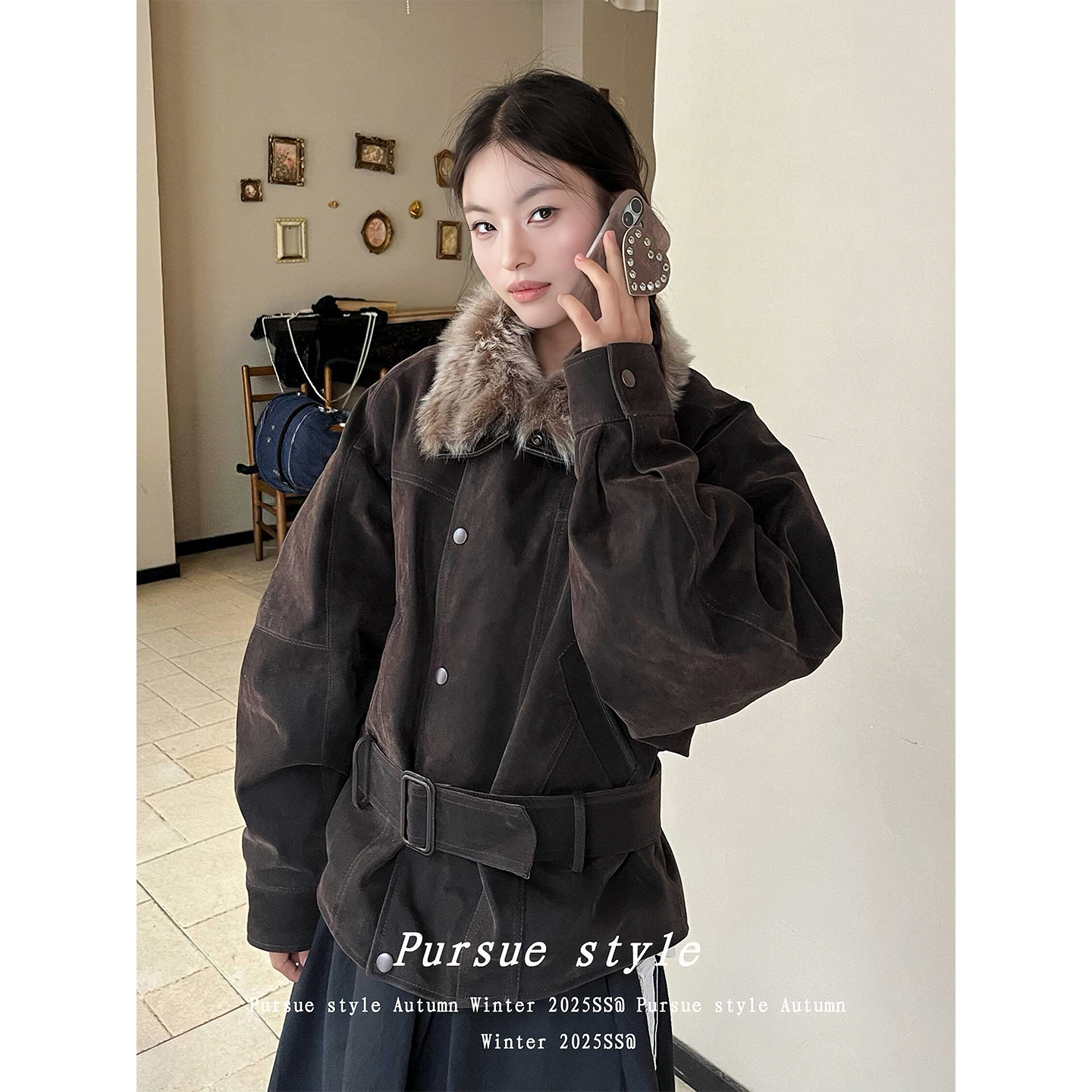 【沉咖叙事】可拆卸毛领外套女秋冬2025新款派克服宽松情侣上衣潮