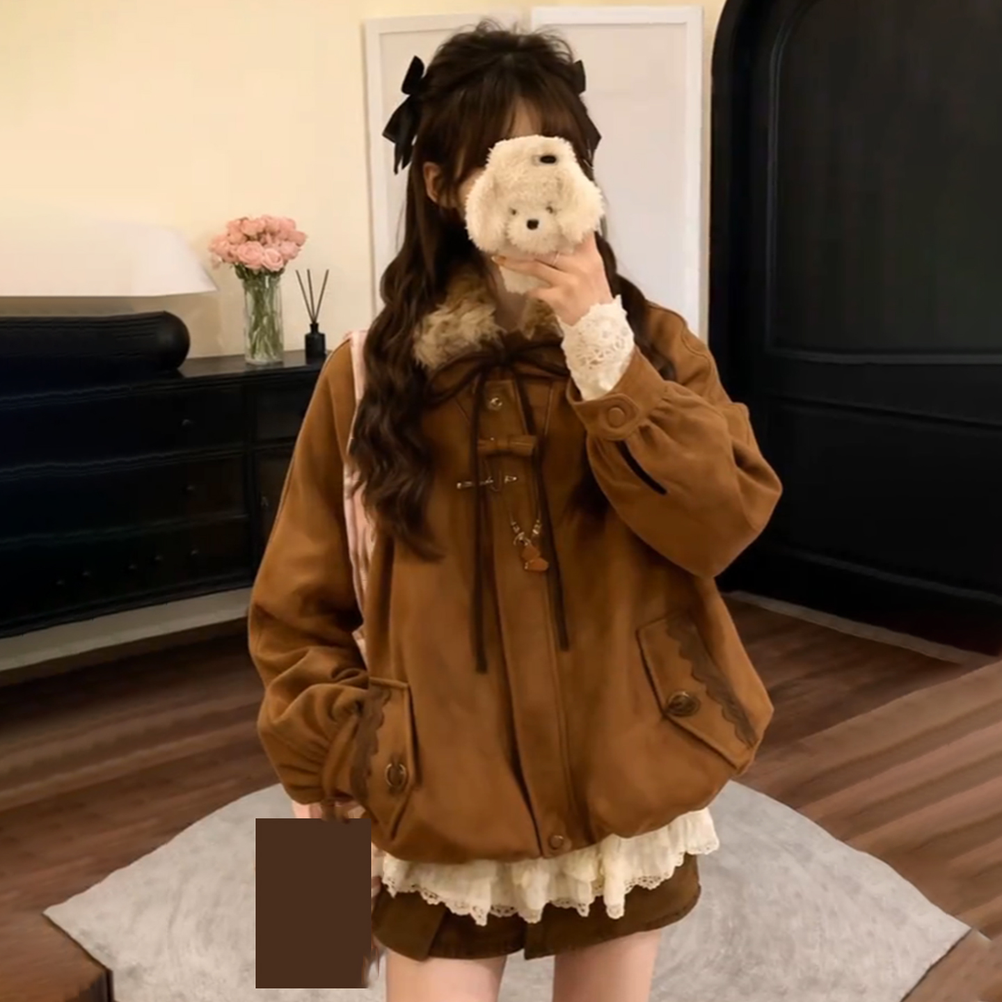 复古休闲风毛领夹棉短外套女2025秋冬新款宽松设计感加厚咖色上衣