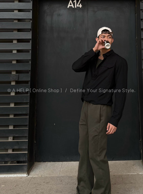 ahelp重磅卫裤立体剪裁捏折微喇小众设计定制面料2.0军绿休闲裤