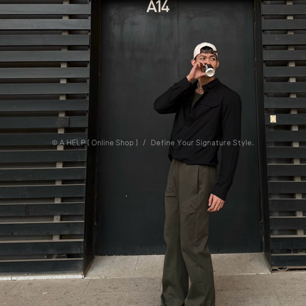 ahelp重磅卫裤立体剪裁捏折微喇小众设计定制面料2.0军绿休闲裤