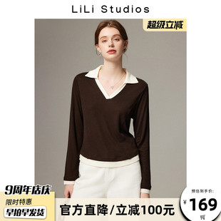 女长袖 随性时髦软糯羊毛针织衫 莱赛尔高级感撞色polo领早秋上衣