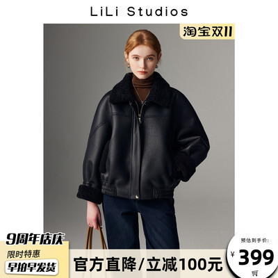 黑色皮毛一体外套女翻领皮草夹克