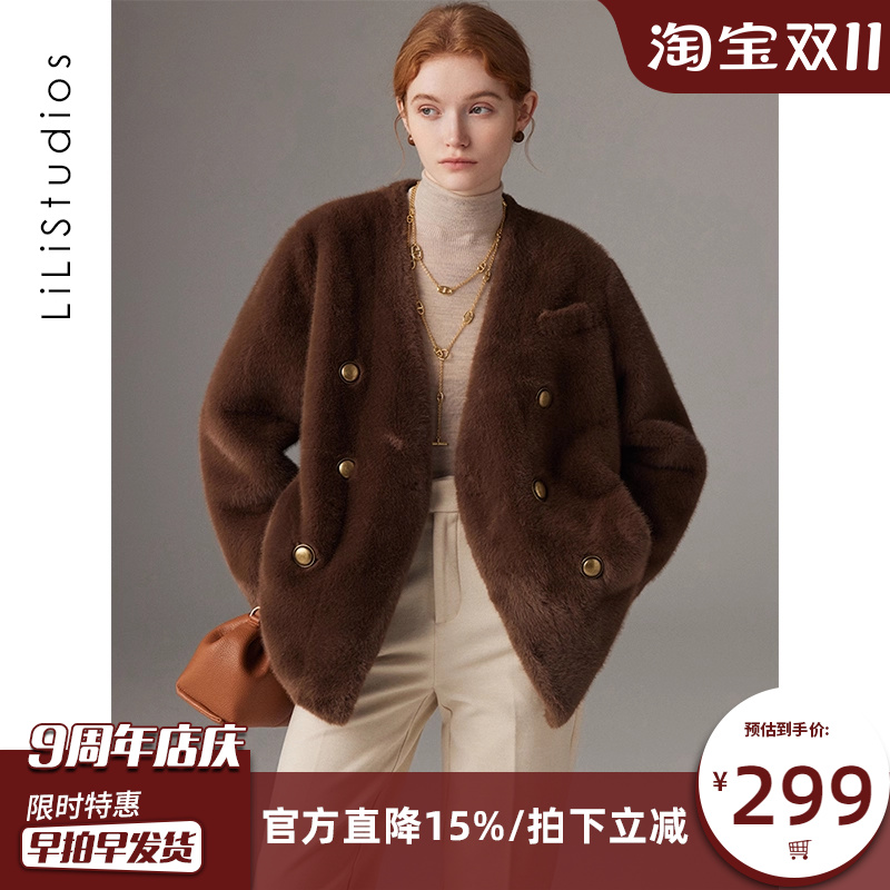 貂绒皮毛一体外套女双排扣仿皮草