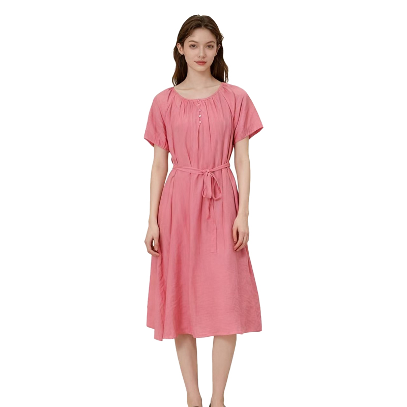 【D玛纳】时尚短袖长款连衣裙纯色系带气质优雅收腰显瘦DMA321