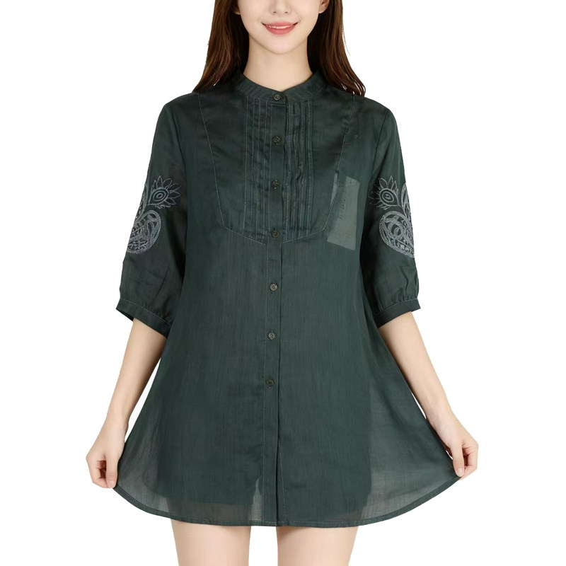 【D玛纳】圆领衬衫复古时尚设计感气质清新舒适透气短袖DMA926