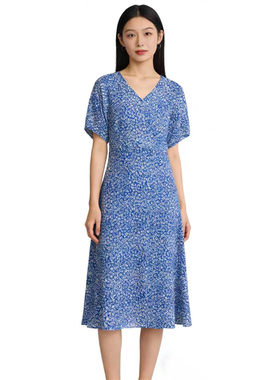 SP系列-时尚气质简约蓝色碎花V领连衣裙显瘦百搭P763/P1205