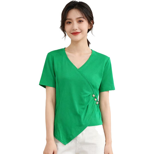 【D玛纳】优雅时尚T恤V领小众设计感舒适透气修身显瘦DMA857