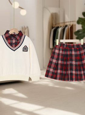 【马lavi】儿童时尚翻领纹格拼接套装甜美简约洋气学院风J65