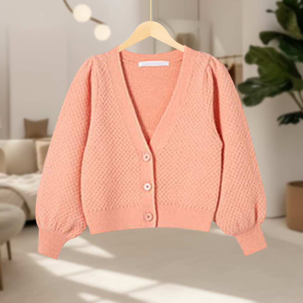 【BJ】时尚潮流气质休闲百搭V领泡泡袖针织开衫 BJ788