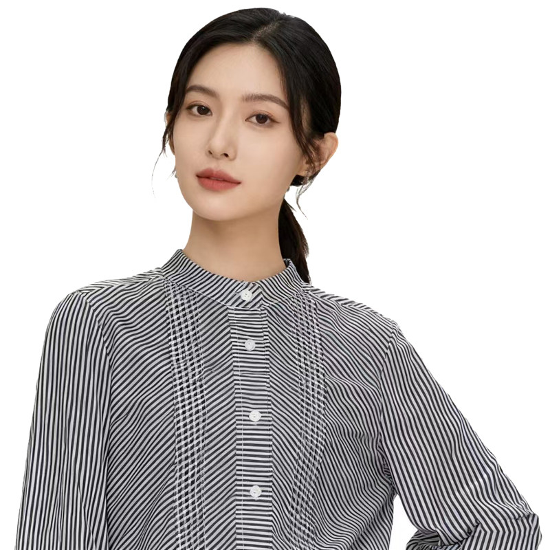 【D玛纳】小立领条纹衬衫简约休闲轻盈舒适修身百搭高级感DMA800