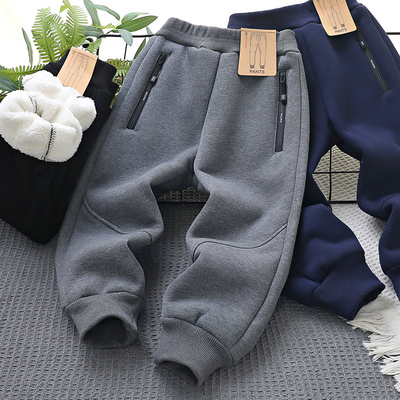 男童加绒加厚裤子秋冬款一体羊羔绒外穿儿童卫裤中大童厚棉运动裤