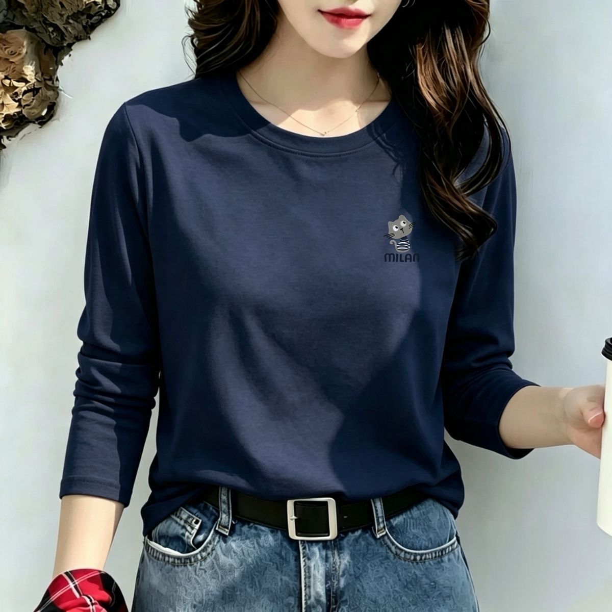 纯棉短款长袖T恤女显瘦小个子图片