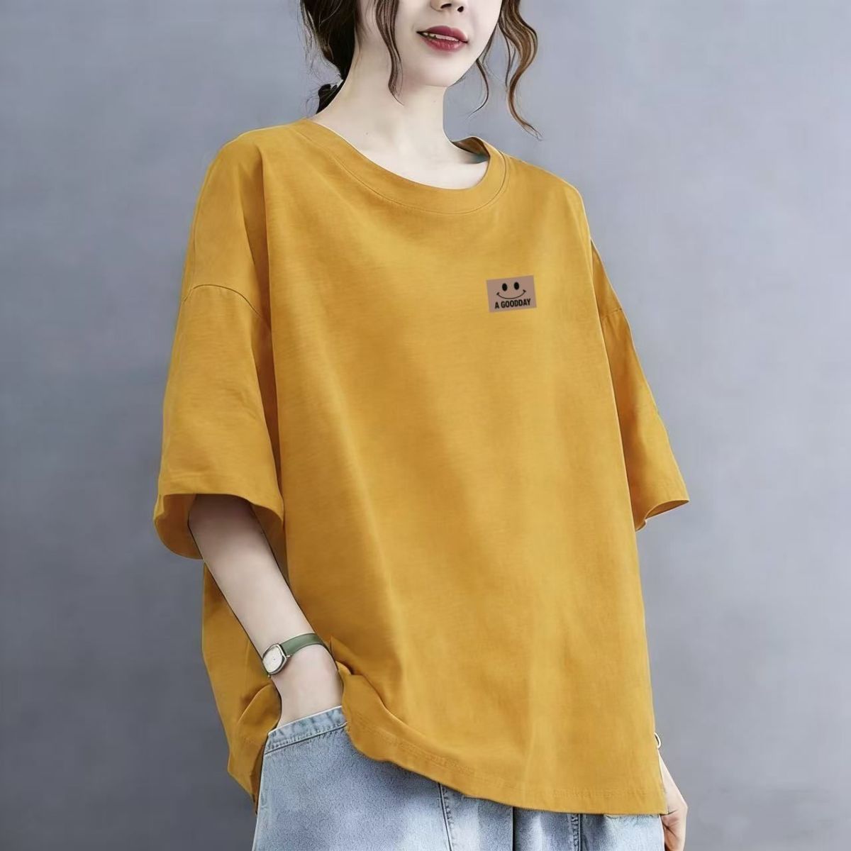 纯棉宽松显瘦遮肚印花女短袖T恤