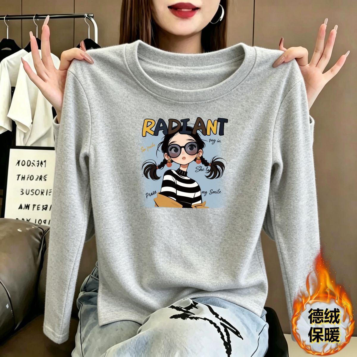 秋冬德绒磨毛宽松长袖打底T恤女图片
