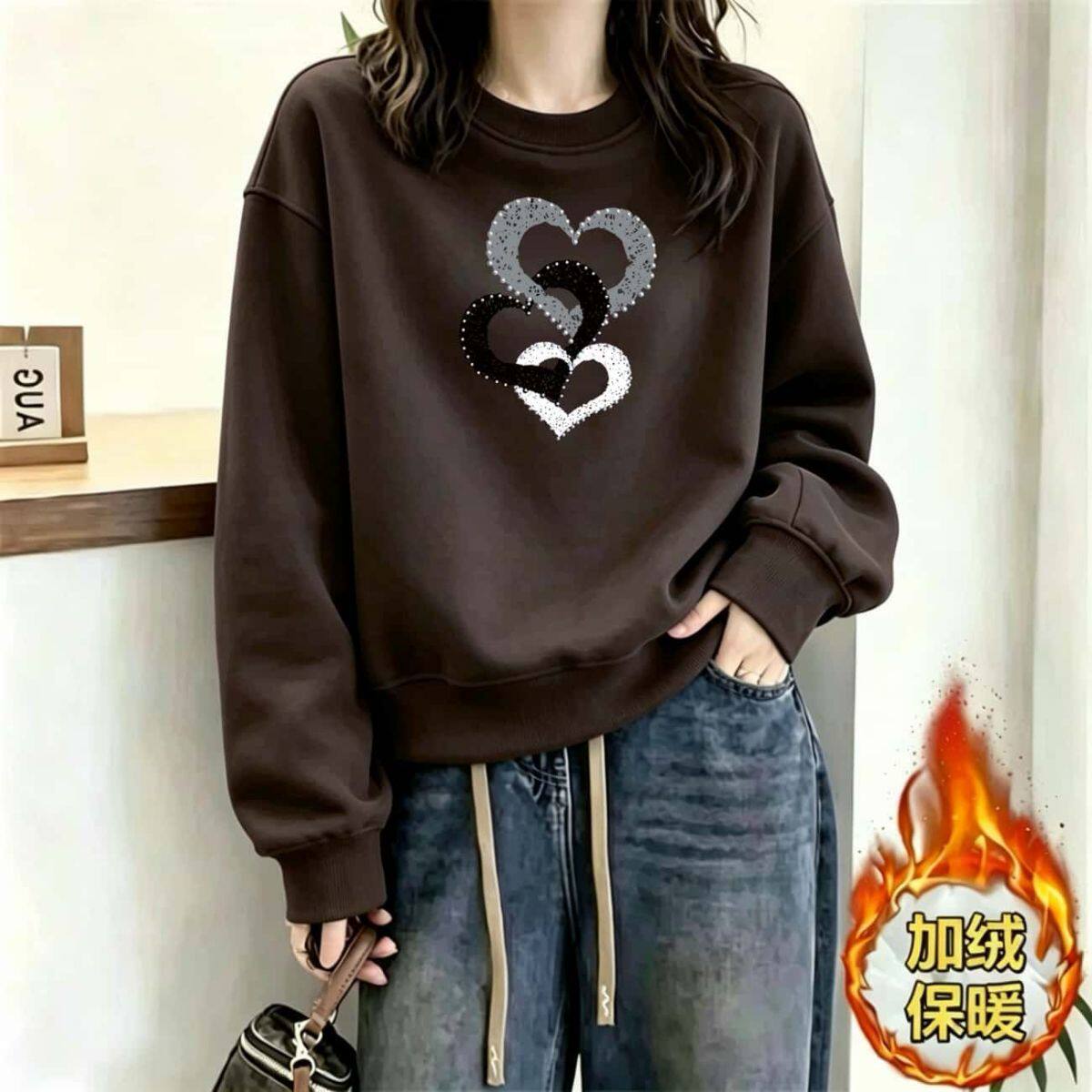 华棉圆领加绒加厚卫衣女秋冬