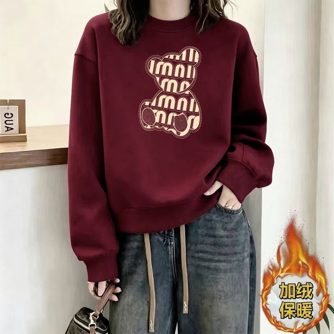 秋冬新款加绒圆领宽松卫衣女