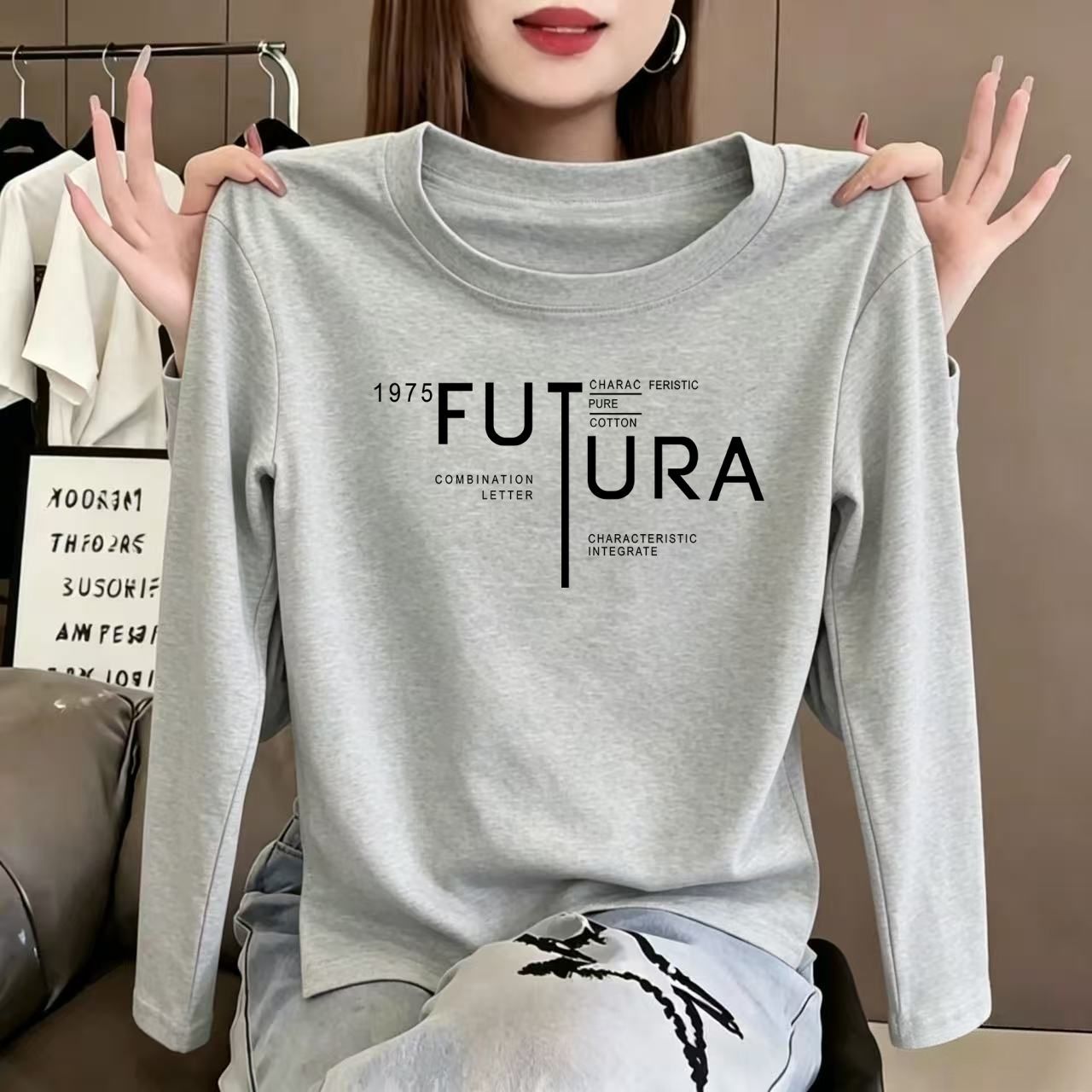 纯棉短款长袖T恤女显瘦小个子图片