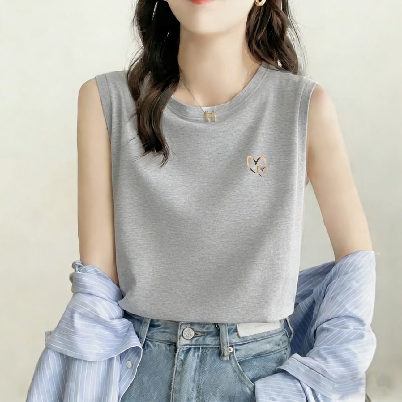 100%纯棉女士夏季宽松遮肉背心