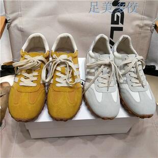 国货潮牌女运动鞋秋冬新款2024高级感黄色真皮系带休闲德训鞋女鞋