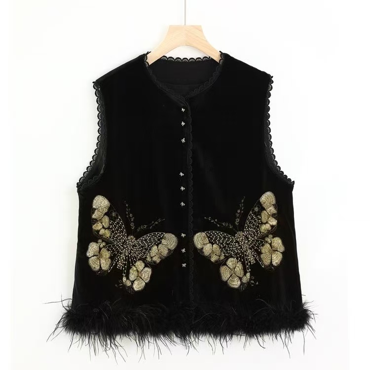 通勤风黑色立领单排扣刺绣蝴蝶羽毛马甲女重工国风优雅外搭时尚