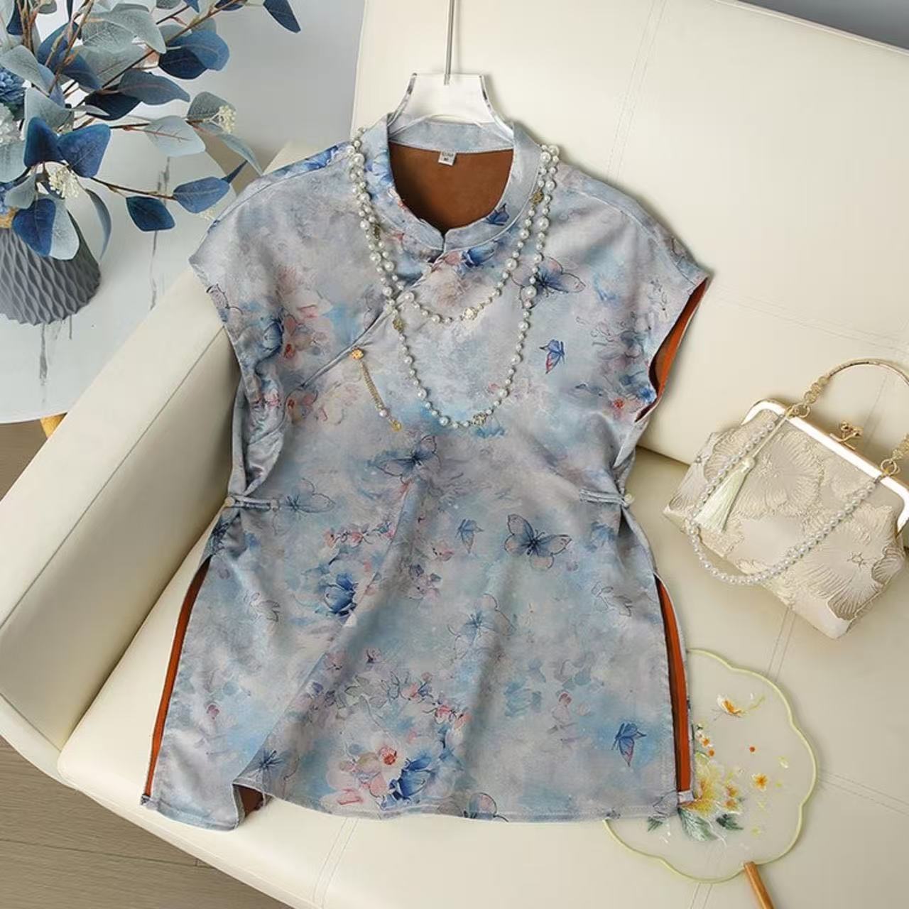 新中式国风上衣女夏短袖立领盘扣