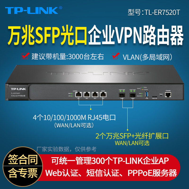 普联TP-LINK TL-ER7520T 企业级路由器 2万兆SFP+光口+4个千兆电口 带机量3000台左右    PPPOE服务器