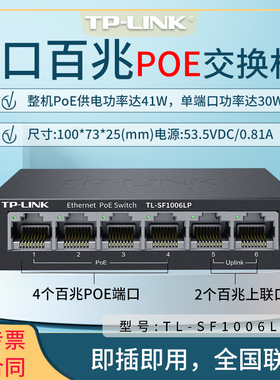 普联TP-LINK TL-SF1006LP  6口百兆poe交换机  总功率41W 4个供电口 监控网络集线分线分流器 无线AP网线供电
