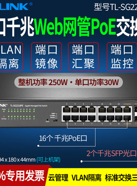 普联TP-LINK TL-SG2218PE 18口全千兆Web网管PoE+供电云管理交换机  af/at标准大功率网线供电 总功率250W