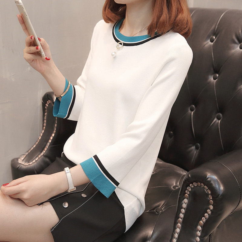 春装新款2020女上衣薄款七分袖拼色宽松冰丝针织衫短款百搭打底潮
