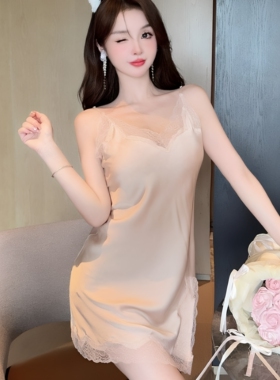 性感睡衣女夏季冰丝新款蕾丝纯欲风带胸垫裙开衩吊带睡裙家居服女