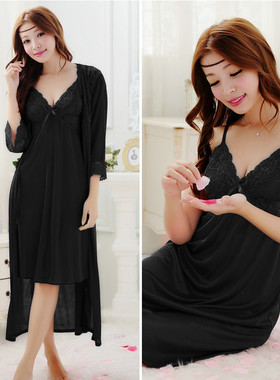 冰丝绸吊带长款睡裙春秋薄款性感睡袍两件套私房露背胖MM睡衣女夏