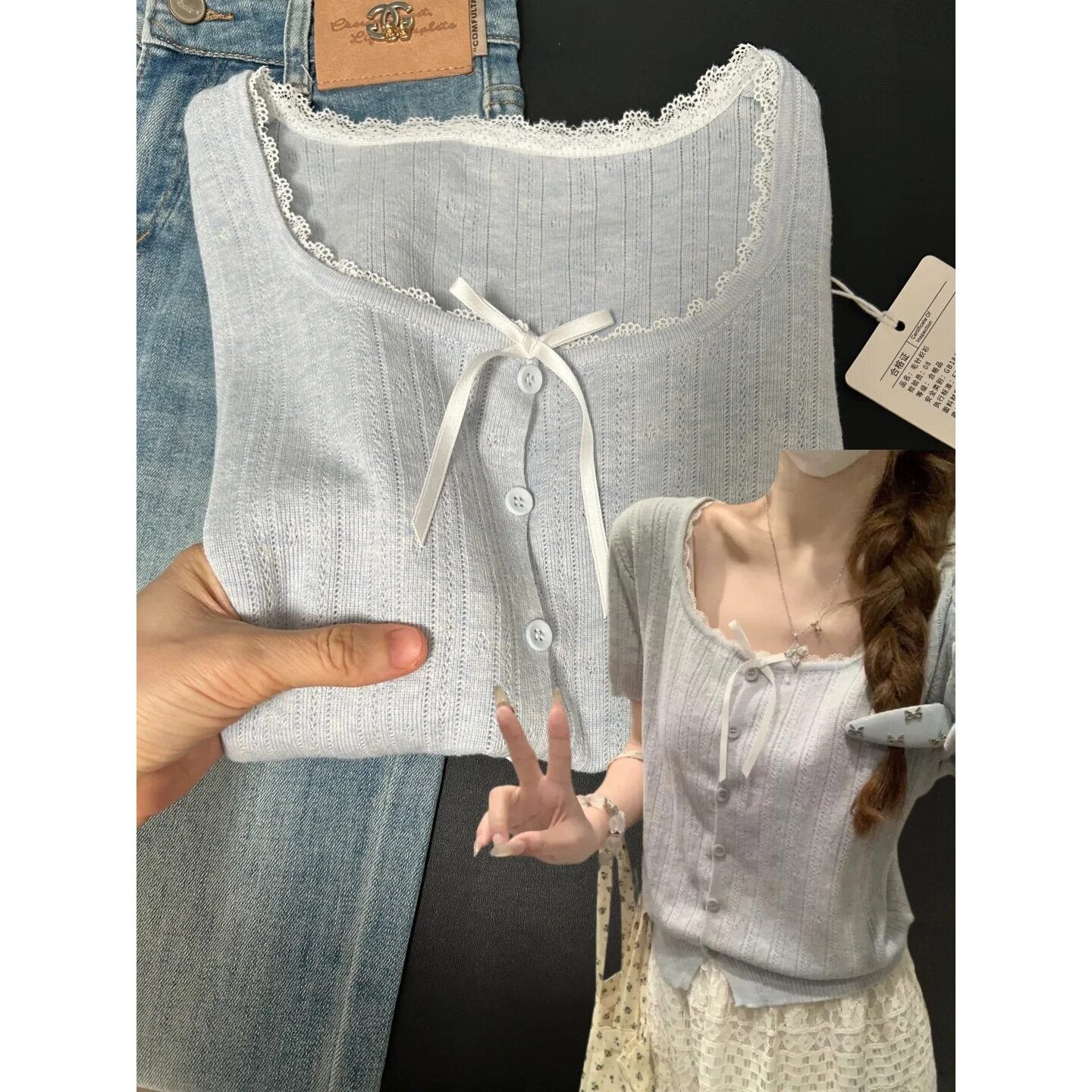 软妹少女蝴蝶结蕾丝拼接