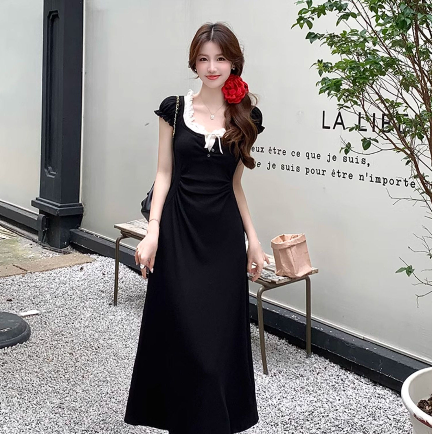 黑色假两件连衣裙女夏季