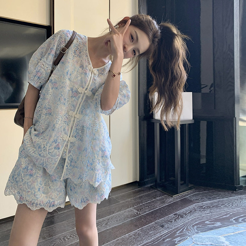 实拍蓝色国风套装女小个