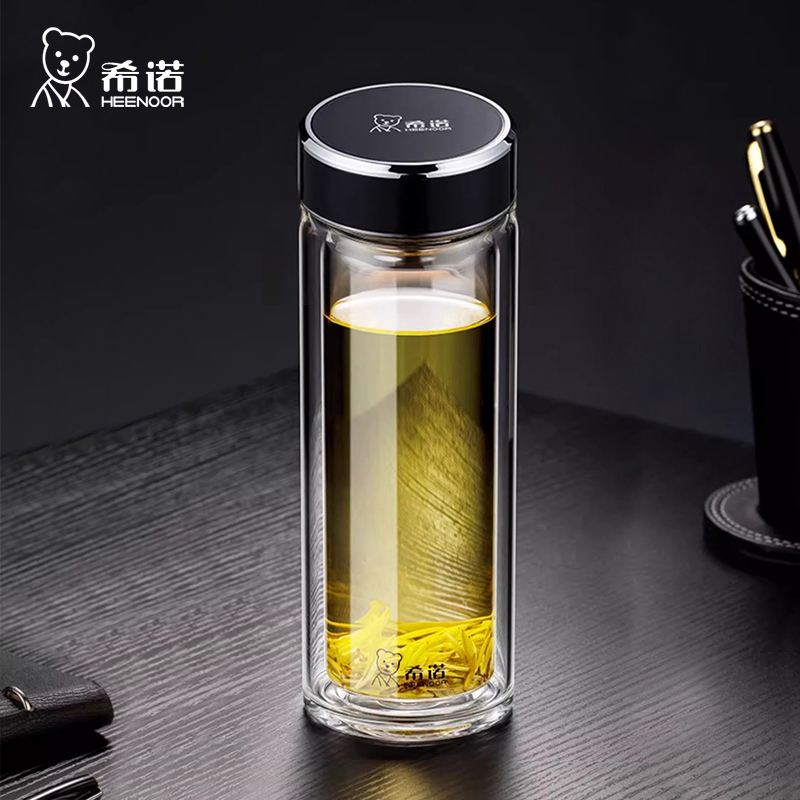 希诺双层玻璃杯男女便携隔热带盖透明时尚高档滤网泡茶杯2025新款