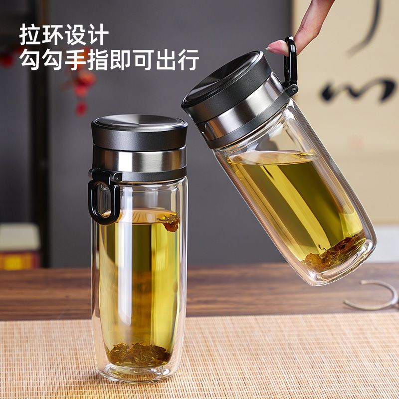 大容量玻璃杯强化加厚便携水杯茶水男女分离防爆耐高温杯子茶杯